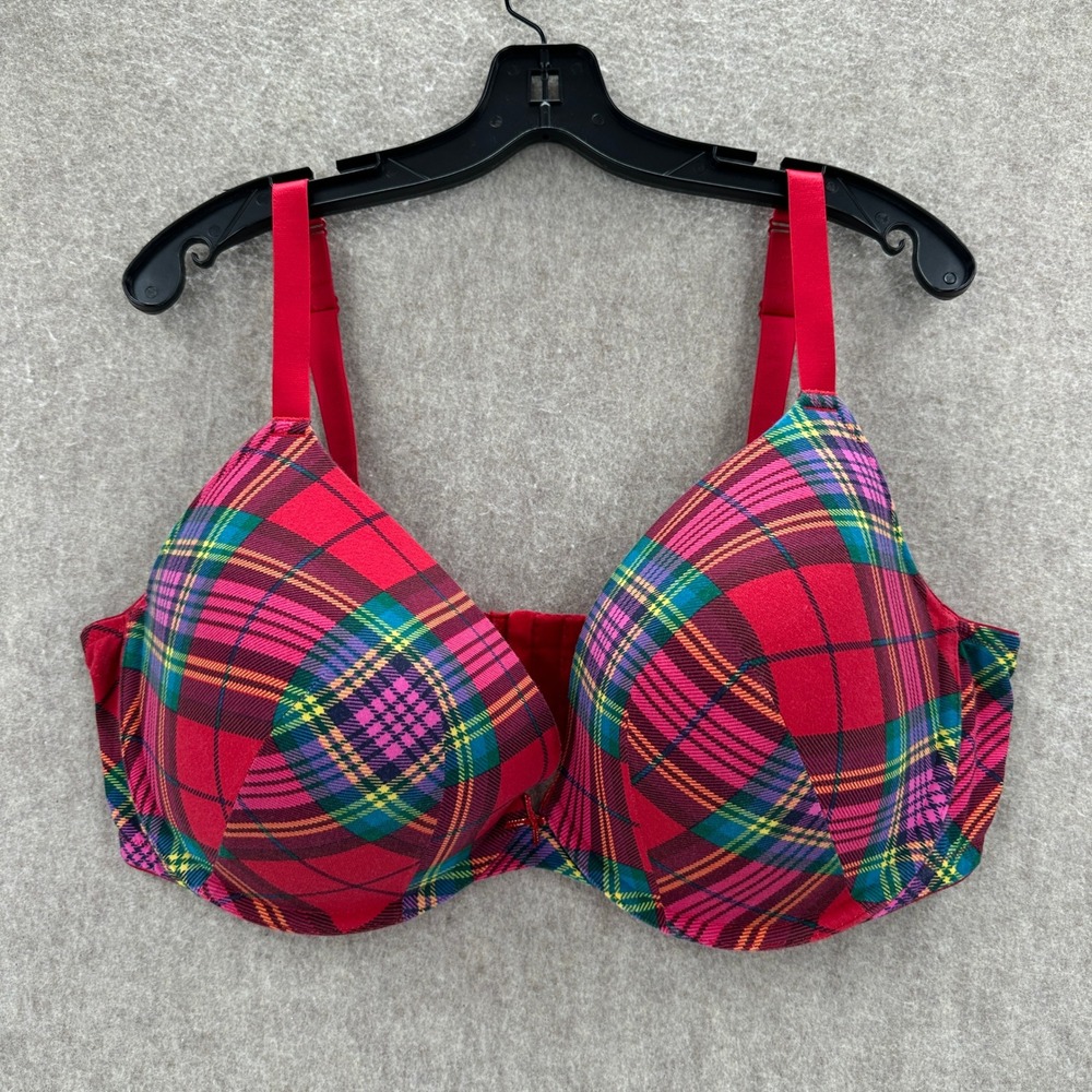 Cacique Boost Plunge Bra Womens 42F Red Plaid Cotton Blend Underwire Lingerie